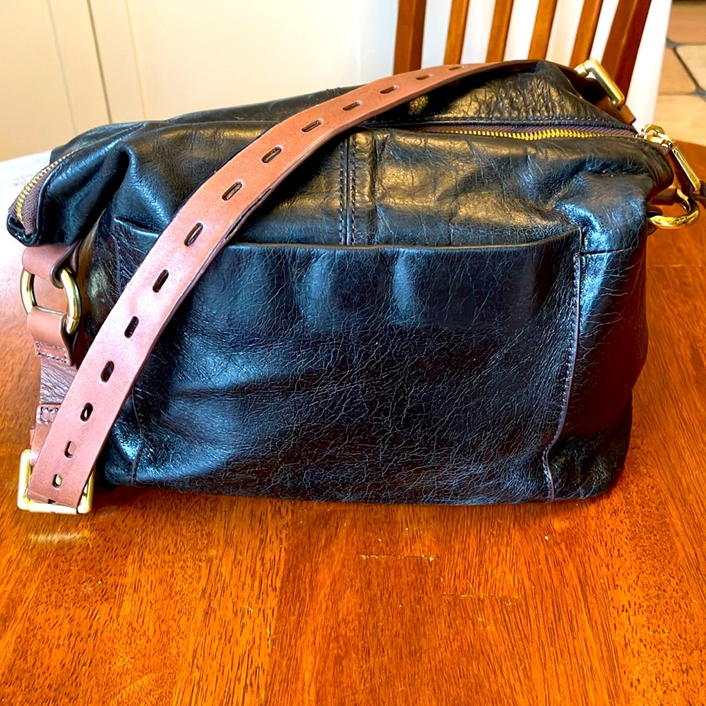 HOBO Black Leather Satchel with Brown Strap